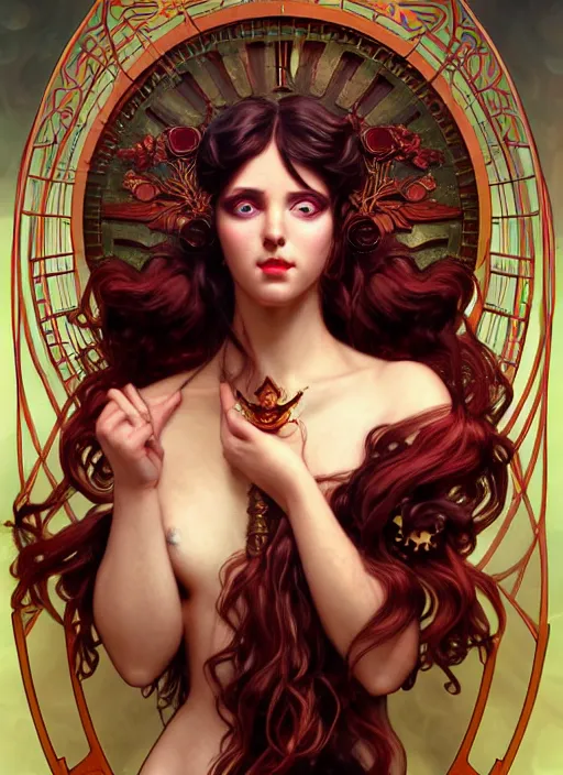 Image similar to the greek goddess hestia, hair made of fire, steampunk, glowing eyes, beautiful eyes, volumetric lights, red and cyan theme, art nouveau botanicals, intricate, highly detailed, digital painting, artstation, concept art, smooth, sharp focus, cinematic, illustration, beautiful face, art by artgerm and greg rutkowski and alphonse mucha