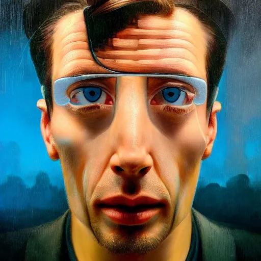 Image similar to detailed face of a michael mcinytre as a cyborg staring into space, utopian, tech noir, wet reflections, prism, atmospheric, ambient, pj crook, syd mead, livia prima, artgerm, greg rutkowski, nick alm, casey baugh