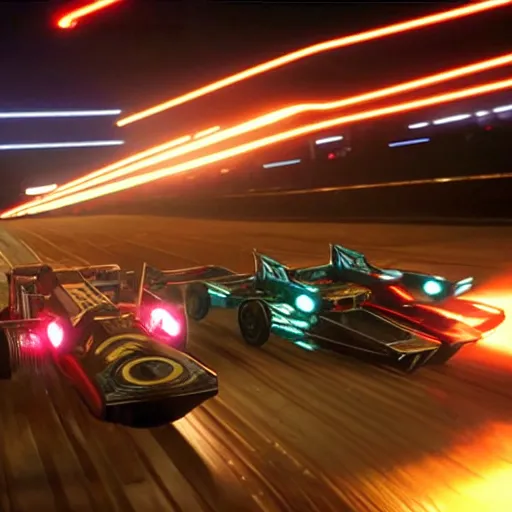 Prompt: Still of F-Zero race track with dozens of racing crafts, in the movie Blade Runner, cinematic lighting, 4k