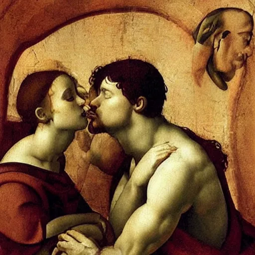 Image similar to atmospheric beautiful men's lips kiss in the sunny room, wrote renaissance michelangelo