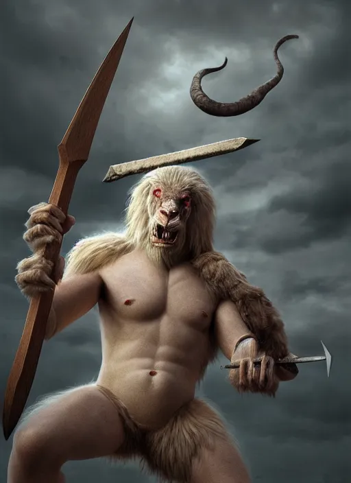 Image similar to hyperrealistic mixed media portrait of a humanoid ram beast creature ready to attack with his two-handed axe, stunning 3d render inspired art by Michael Parkes + perfect facial symmetry + dim volumetric lighting, 8k octane beautifully detailed render, post-processing, extremely hyperdetailed, intricate, epic composition, grim yet sparkling atmosphere, cinematic lighting + masterpiece, trending on artstation