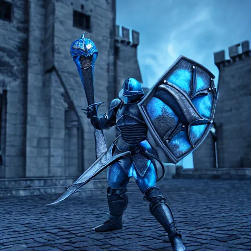 Image similar to 3 d render of demon's souls blue eye knight defending the castle courtyard, 3 d render, unreal engine, octane render, ray tracing, unity, highly detailed, high quality, hd, 4 k, 8 k, realistic, sharp, trending