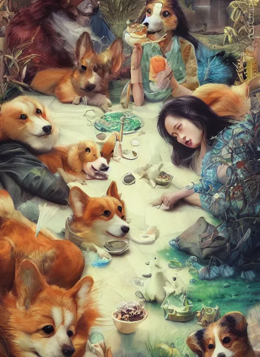 Prompt: beautiful fantasy painting scne of a chill summer corgi party, by Kenne Gregoire, James Jean, Tran Nguyen, WLOP, Jakub Rebelka. trending on Artstation, 8k, masterpiece, face enhance, graffiti paint, fine detail, full of color, intricate detail, golden ratio illustration