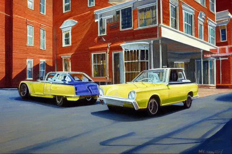 Prompt: hyperrealistic painting of intersecting cars hovering midair by Mary Pratt