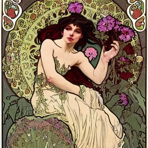 Prompt: persephone as goddess of death and flowers, evil, painted by alphonse mucha