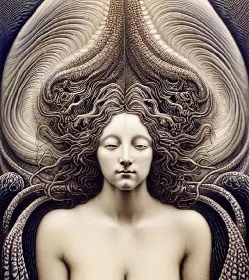 Image similar to detailed realistic beautiful wave goddess face portrait by jean delville, gustave dore, iris van herpen and marco mazzoni, art forms of nature by ernst haeckel, art nouveau, symbolist, visionary, gothic, neo - gothic, pre - raphaelite, fractal lace, intricate alien botanicals, ai biodiversity, surreality, hyperdetailed ultrasharp octane render
