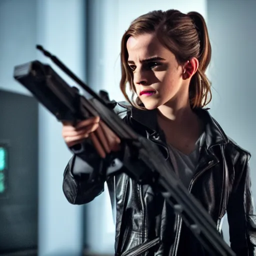 Image similar to Emma Watson as the Terminator, movie scene, XF IQ4, 50mm, F1.4, studio lighting, professional, 8K, Look at all that detail!, Dolby Vision, UHD