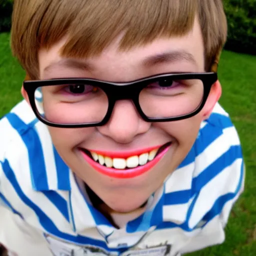 Image similar to an annoying nerd, buck teeth, bowl cut, fisheye lens