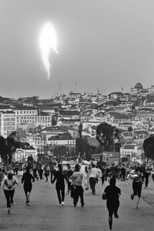 Prompt: a crowd of people running away in lisbon as a nuclear mushroom cloud flashes above the skyline