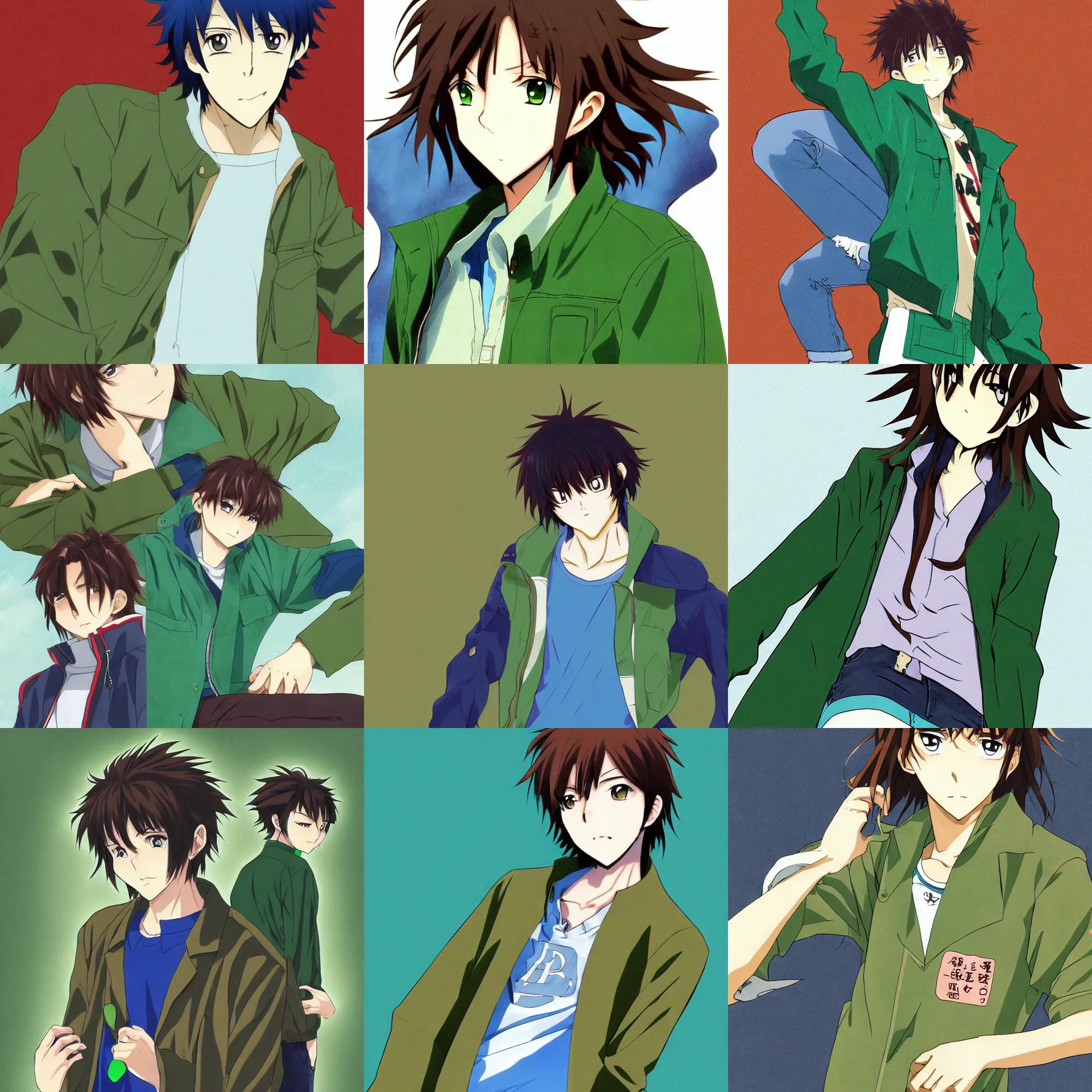 Prompt: an anime young man character with wavy brown hair, wearing a green jacket and blue jeans, manga style, anime style from 2000's