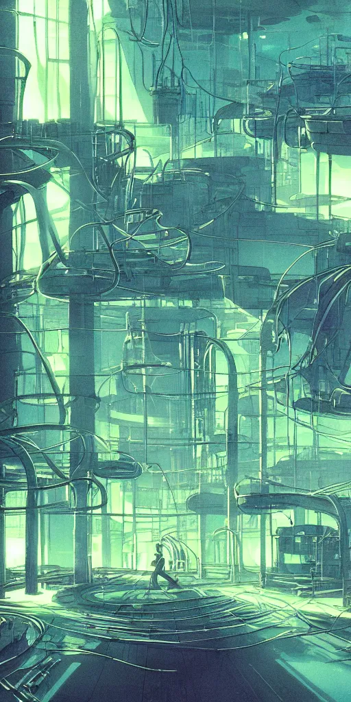 Prompt: experimental water tanks , mysterious laboratory, thick green mist, low ceiling, cables hanging from ceiling, thick cables on ground, god rays of light, huge computer screens, neons, saturated top light , epic scene, scifi, illustration, art by ghibli moebius