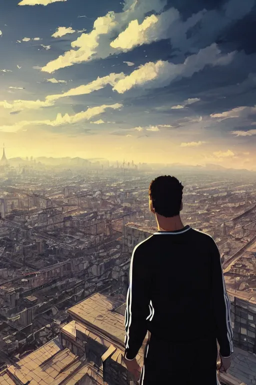 Image similar to Man in black adidas tracksuit looking atop of a urban plateau filled with soviet apartment buildings, golden hour, dreamy, beautiful clouds, beautiful ambient, lighting, wallpaper, beautiful artwork by Makoto Shinkai