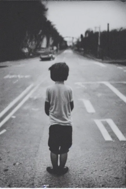 Image similar to photo polaroid of sad and lonely child in the middle of the street, looks towards the stormy sea, loneliness, war, black and white ,photorealistic, 35mm film,