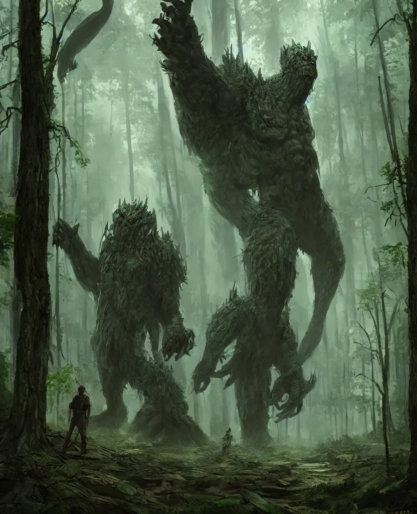 Image similar to a giant monster in the middle of a forest, concept art by max svabinsky, cgsociety contest winner, altermodern, concept art, apocalypse art, artstation hq