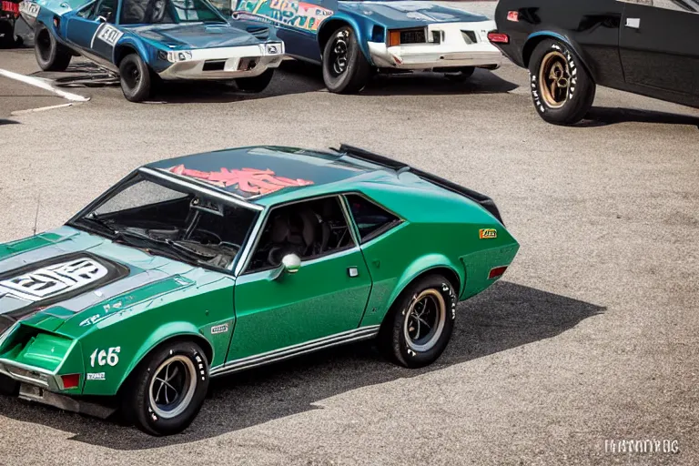 Image similar to vintage race footage, archival, 1974 AMC AMX/3 Gremlin, XF IQ4, 150MP, 50mm, F1.4, ISO 200, 1/160s, natural light, Adobe Photoshop, Adobe Lightroom, photolab, Affinity Photo, PhotoDirector 365