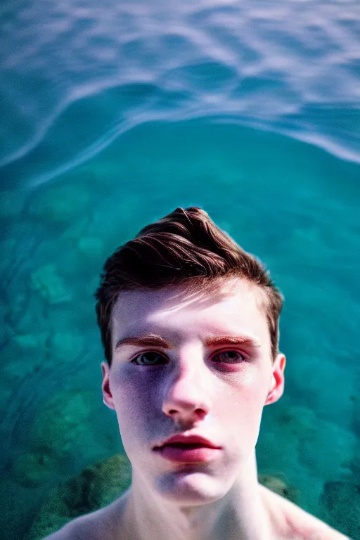 Prompt: high quality pastel coloured film mid angle docu photograph of a beautiful young 2 0 year old male, soft features, short black hair, swimming, jumping in an icelandic black rock pool environment. atmospheric. three point light. photographic. art directed. ( pastel colours ). volumetric light. clearcoat. waves glitch. 8 k. filmic.