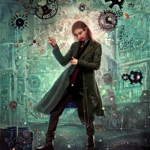 Prompt: portrait of a young female as sherlock Holmes with straight hair has an epic idea, intricate detail, digital painting, gears, watches, steampunk, glowing eye, biomechanical, trash polka, raining, faded green, particles floating, industrial background by marc simonetti + wlop, artwork by ross tran + ramond swanland + liam wong +mike winklemann + wlop