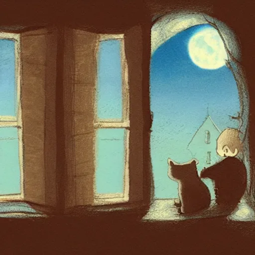 Image similar to A boy with his cat sitting in a window praying at the moon, concept art by Marc Simonetti and illustration by Maurice Sendak, Starry Night, depth of field, full moon halo, epic brushwork, painterly, cobbled streets, oil lamp posts, A boy with his cat sitting in a window praying at the moon, A boy with his cat sitting in a window praying at the moon