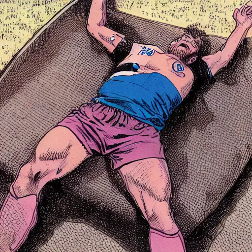 Image similar to a man laying on his back, a soccer goal behind him, a soccer in the net. Epic portrait by james gurney and mœbius.