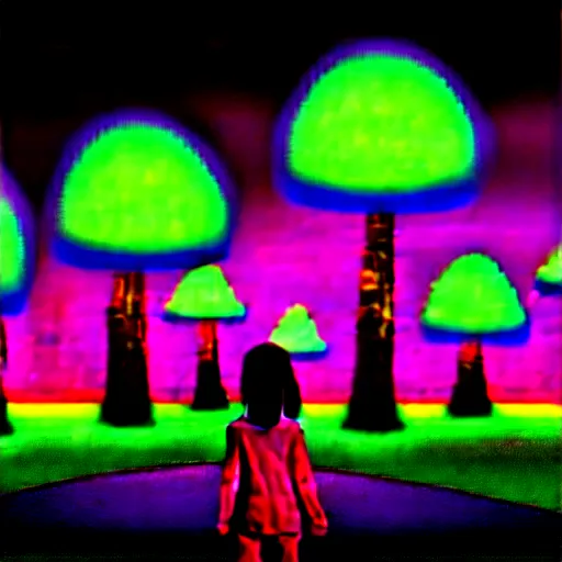 Image similar to Little girl wandering among many giant glowing mushrooms, Neon colors, psychedelic art, trippy, 4k, HQ, Trending on Artstation