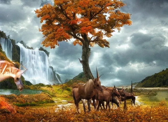 Image similar to unicorns in an autumnal landscape, river and waterfalls, pretty tree with fruits, tormented sky with rain in the background, immaculate horns, little pixies and goblins playing, inspired by clark amanda