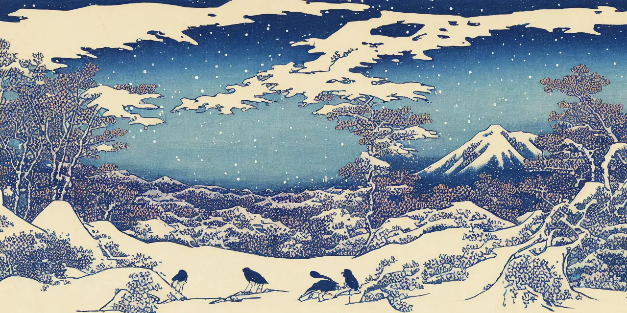 Prompt: laurentian appalachian mountains in winter, unique, original and creative landscape by hokusai, snowy night, distant town lights, aurora borealis, deers, ravens and crows, footsteps in the snow, brilliant composition, fascinating textures