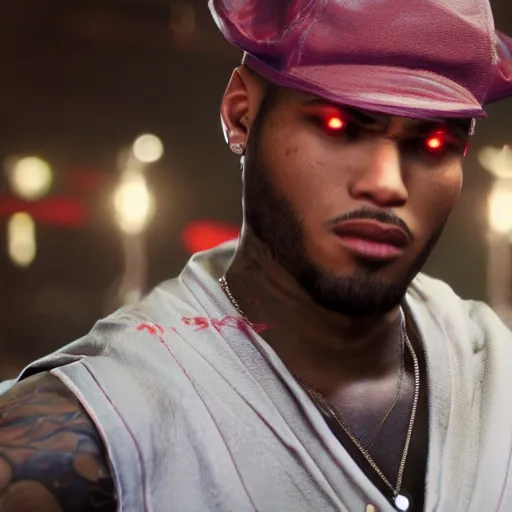 Image similar to a videogame still of Chris Brown in Tekken 7, 40mm lens, shallow depth of field, split lighting