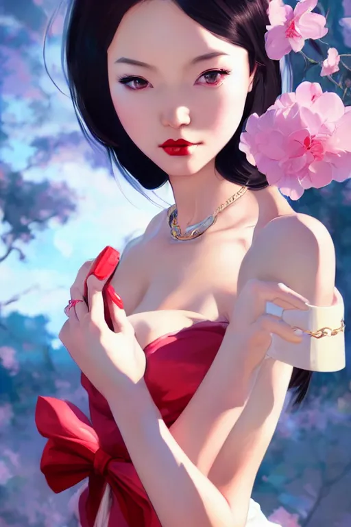 Image similar to a pin up and beautiful fashion charming dreamlke japan girl with lv jewelry, character art, art by artgerm lau and wlop and and ilya kuvshinov and john singer sargent, hyperdetailed, 8 k realistic, symmetrical, frostbite 3 engine, cryengine, dof, trending on artstation, digital art