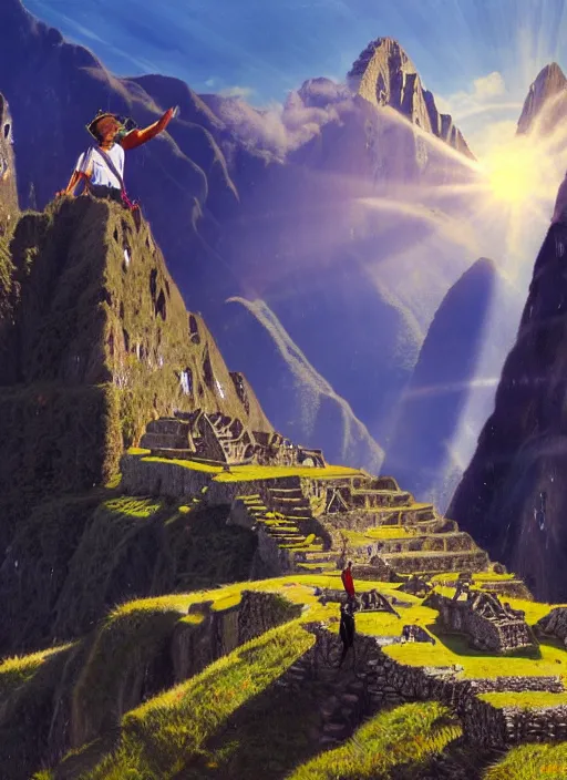 Prompt: a painting of an incan shaman doing a prayer to the sun on the machu picchu with arms up,, matte painting, fantasy art, hyper detailed, concept art