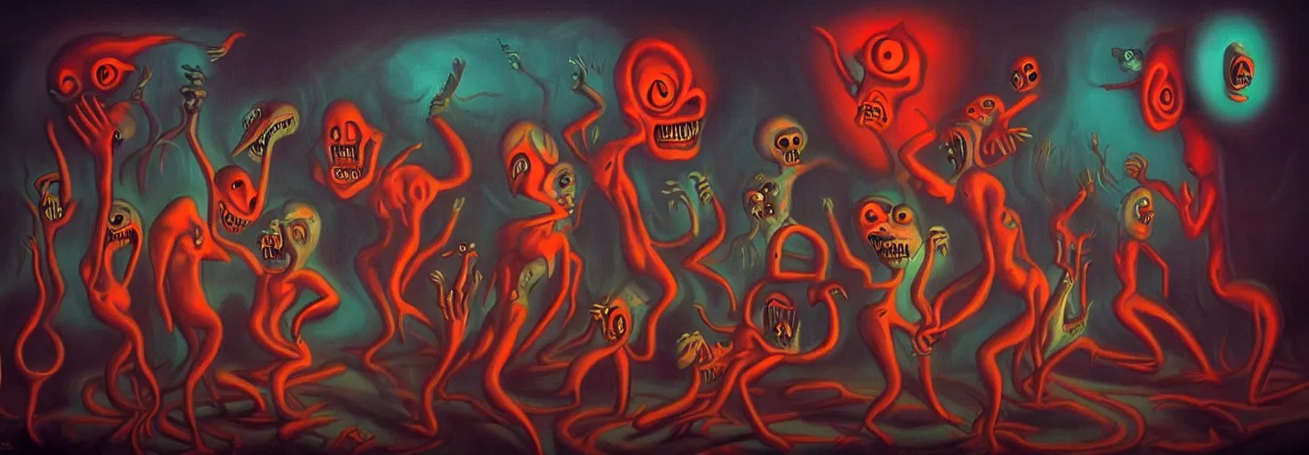 Image similar to visceral freaky obsessive monsters from the darkest depths of collective unconscious, dramatic glowing lighting, 1 9 3 0 s fleischer cartoon characters, wild emotional expressions - surreal painting by ronny khalil