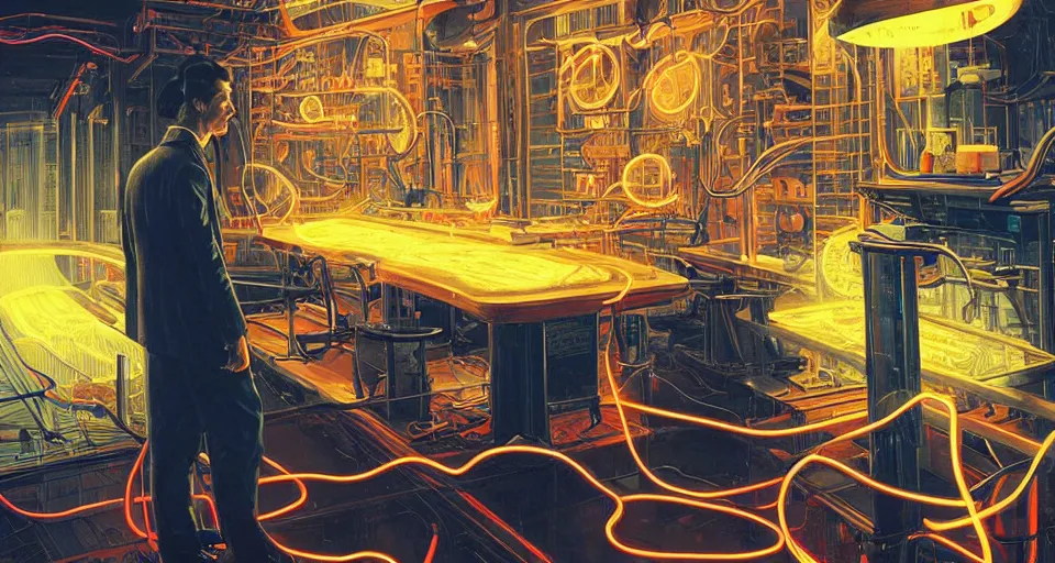 Image similar to nikolai tesla in his lab, glowing lines on his jacket, electrical arcs, neon glow, highly detailed, digital art, intricate, dramatic lighting, retro futuristic, neon colors, cinematic, art by norman rockwell, greg rutkowski, moebius, artgerm