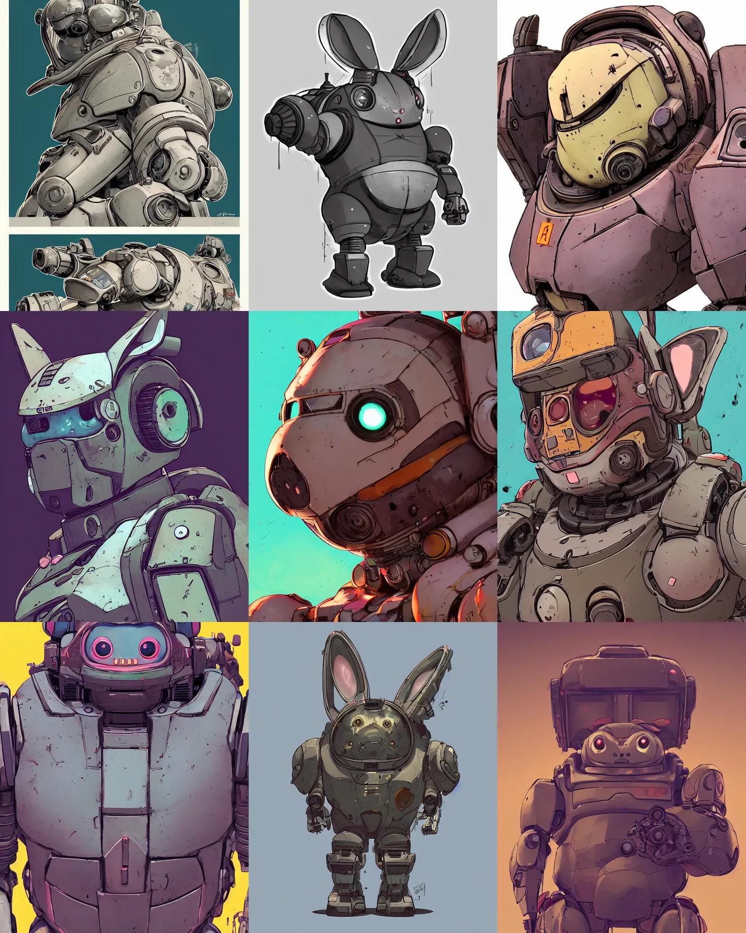 Prompt: a study of cell shaded portrait of a mech chubby robot rabbit close up as Borderlands 3 concept art, llustration, post grunge, concept art by josan gonzales and wlop, by james jean, Victo ngai, David Rubín, Mike Mignola, Laurie Greasley, highly detailed, sharp focus, alien, Trending on Artstation, HQ, deviantart, art by artgem