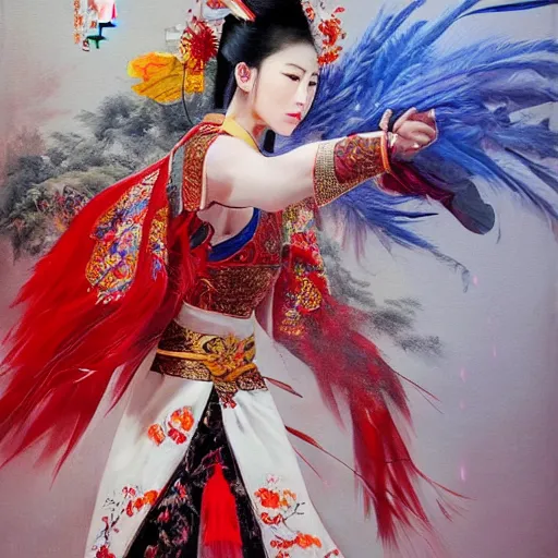 Prompt: A striking hyper real portrait painting of a gorgeous sword dance Chinese costume woman , trending on artbreeder, long hair, smoke, feathers flying, flowers rain everywhere, full body XIANXIA, Chinese temple, depth of field by Yoji Shinkawa 4k