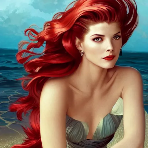 Image similar to A combination of Grace Kelly's and Katheryn Winnick's and Ashley Greene's faces with red hair as a mermaid half submerged on the beach, western, fantasy, intricate, elegant, highly detailed, digital painting, artstation, concept art, matte, sharp focus, illustration, art by Artgerm and Greg Rutkowski and Alphonse Mucha