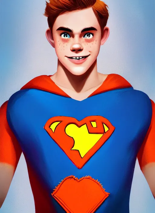 Image similar to friendly teenage archie andrews wearing an orange superhero costume with heart logo, heart, freckles, blue cape, heart emblem on chest, blue cape, intricate, elegant, glowing lights, highly detailed, digital painting, artstation, sharp focus, illustration, art by wlop, mars ravelo and greg rutkowski