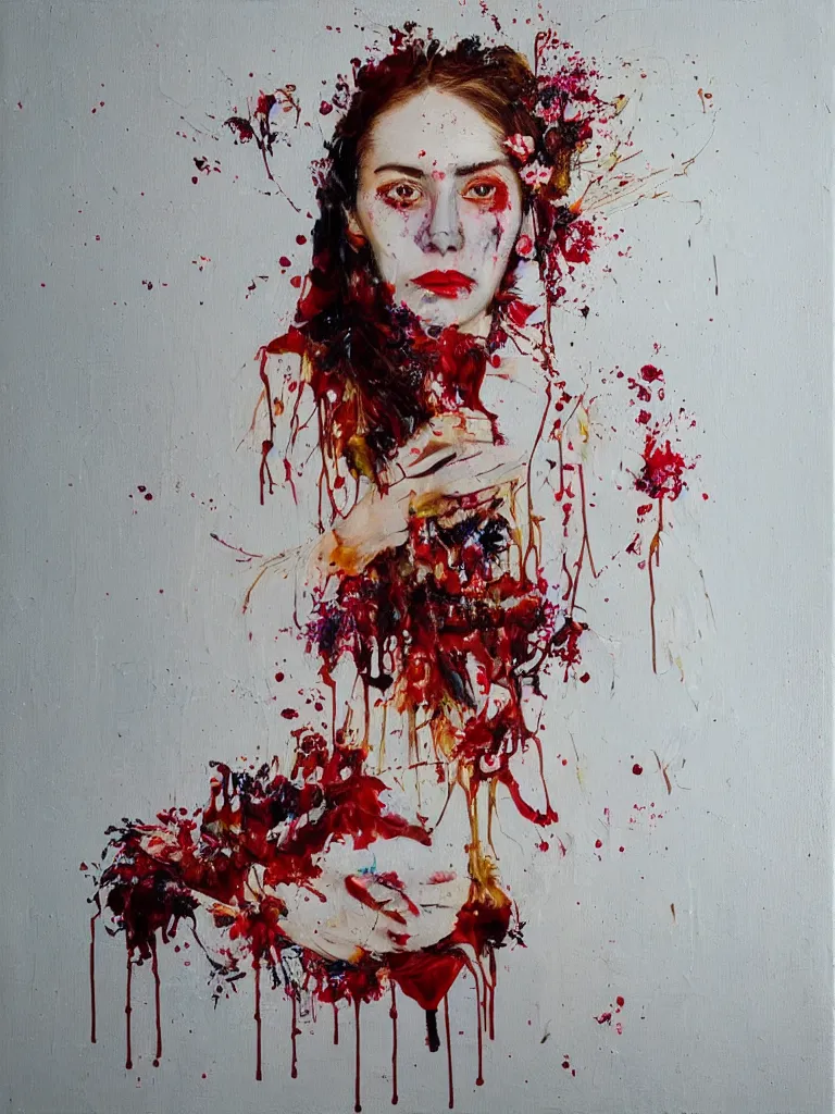 Image similar to “art in an Australian artist’s apartment, portrait of a woman wearing loose white cotton clothing, stained with fresh berries and maple syrup, edible flowers, acrylic and spray paint and oilstick on canvas”