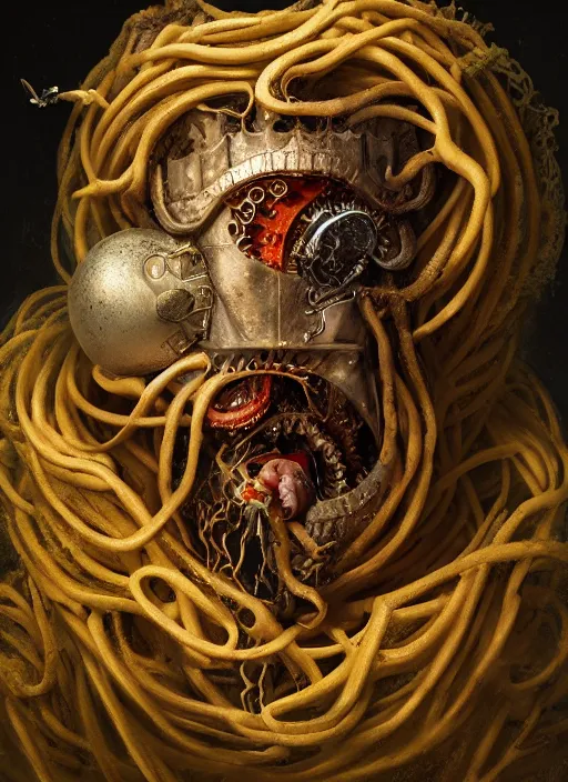 Prompt: portrait of king arthur knight medusa cyborg feeding from a mouth tube, kintsugi, modern fine art, fractal, intricate, elegant, highly detailed, digital photography, subsurface scattering, by jheronimus bosch and carravagio and greg rutkowski,