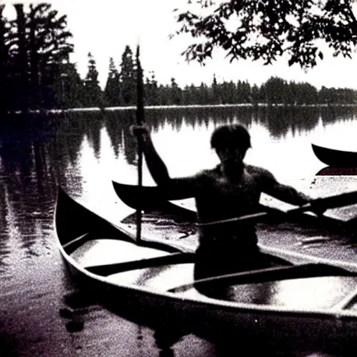 Image similar to a horrible eldritch being made of canoes and canoe paddles, eerie photo, 1 9 8 0 s nostalgic camp photo