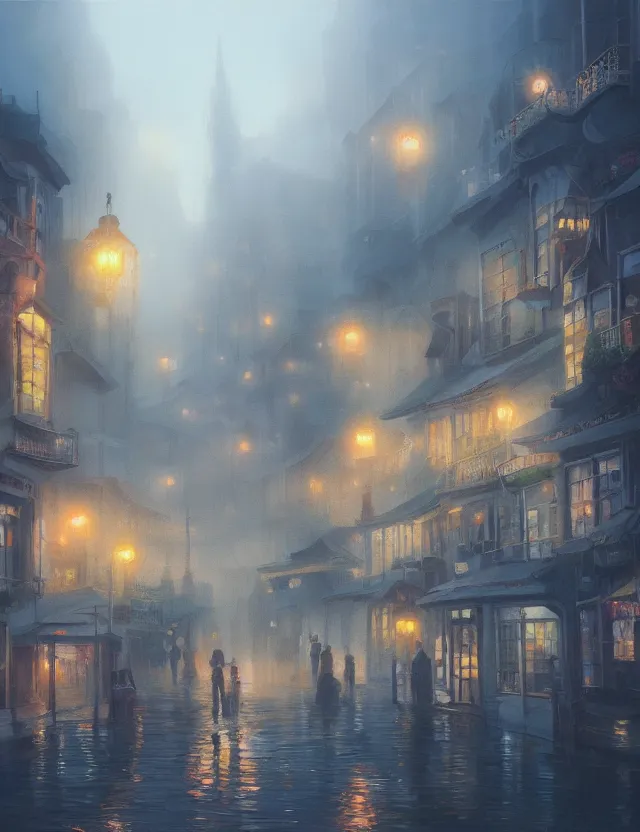 Image similar to town floating in the air on a misty morning. oil painting by award - winning mangaka. backlighting, chiaroscuro, intricate details, depth of field, luminescent colors.