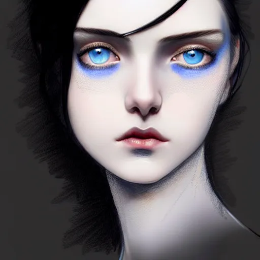 Image similar to pen and ink sketch of english teenage girl with black hair, china blue eyes, pale glowing skin, beautiful sinister features, rich and evil, elegant fashion model, fantasy, intricate, elegant, dress shirt and tie, highly detailed, digital painting, artstation, concept art, smooth, sharp focus, illustration, art by Krenz Cushart and Artem Demura and alphonse mucha, black and white