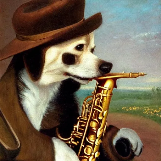 Image similar to a dog plays the saxophone, oil on canvas, 1 8 8 3, highly detailed