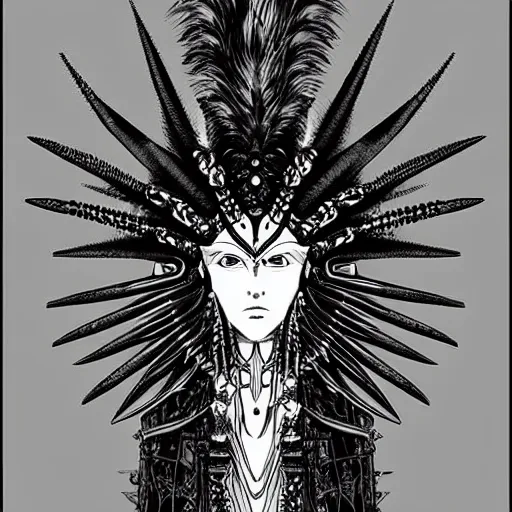 Prompt: a cosmic, lovcraftian female sphinx with spikes on its head and feathers and jewellery drawing by tsutomu nihei