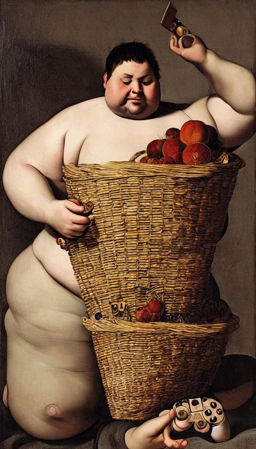 Prompt: hyperrealistic still life painting of a fat young man with a basket of ps4 controllers, by Caravaggio, botanical print