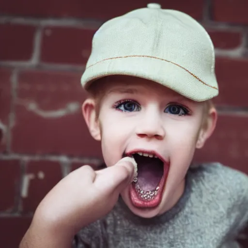 Image similar to blonde boy biting a hat