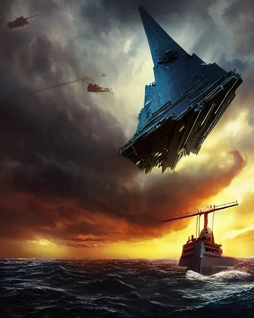 Image similar to scifi action scene of a fishing boat on stormy seas, a gigantic star destroyer spaceship flying overhead, the gigantic star destroyer spaceship is emerging from storm clouds, sunset lighting, stormy weather, dramatic lighting, unreal engine, hyper realism, realistic shading, cinematic composition, realistic render, octane render, detailed textures, photorealistic, ultrawide shot, 1 6 mm lens