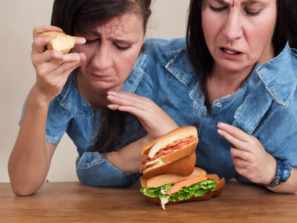 Image similar to woman upset that she dropped her sandwich on the floor, High Definition detail, 8K, photography