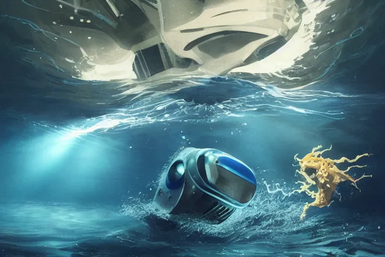 Prompt: incredible screenshot of an underwater swimming robot, dynamic camera angle, deep 3 point perspective, fish eye, dynamic extreme foreshortening of the giant sea monster it is fighting, sunlight pierces the water illuminating the robot, by phil hale, ashley wood, geoff darrow, james jean, 8k, hd, high resolution print