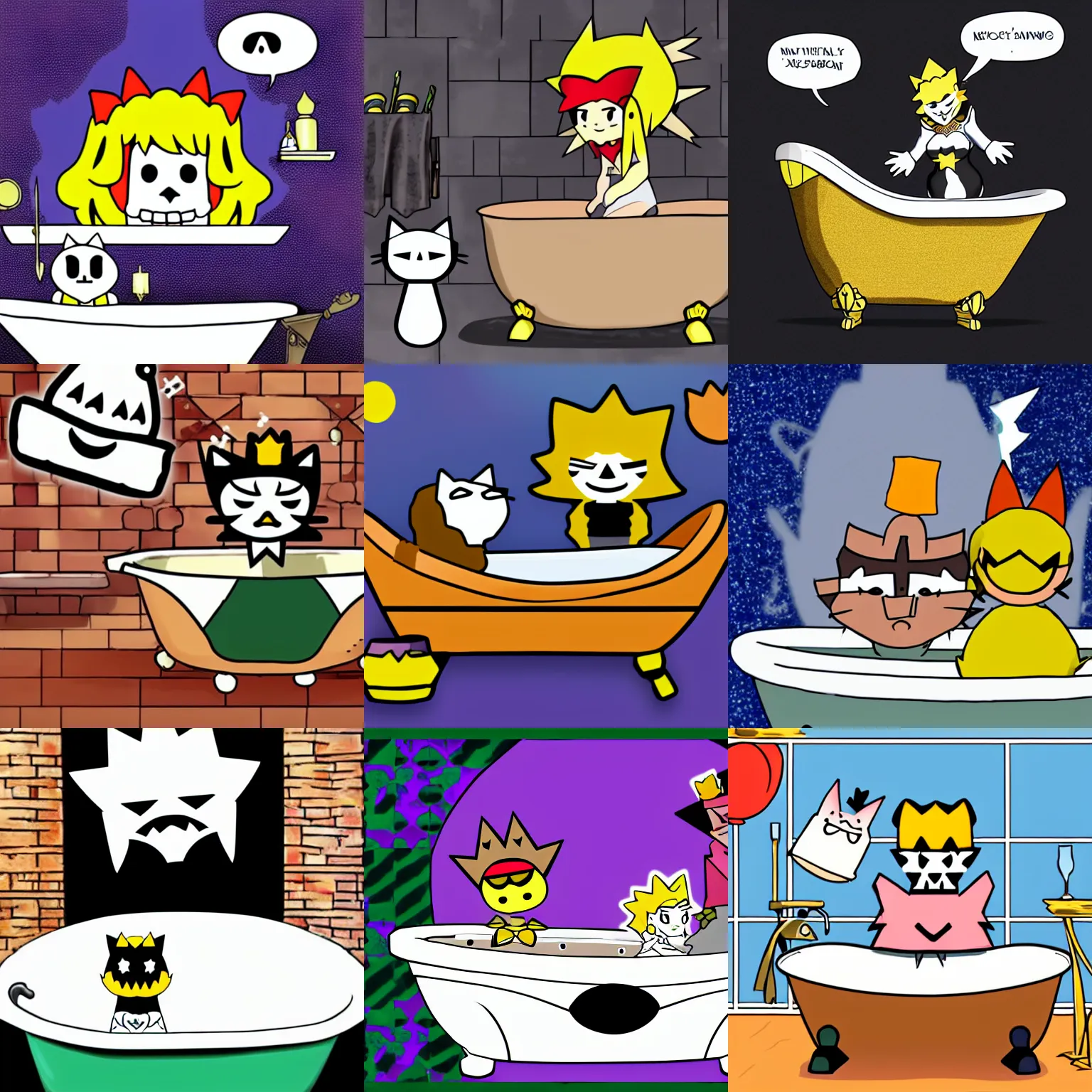 Prompt: bowsette and man wearing guy fawkes mask riding a bathtub, the bathtub is powered by a bongo cat armed with shampoo bottle