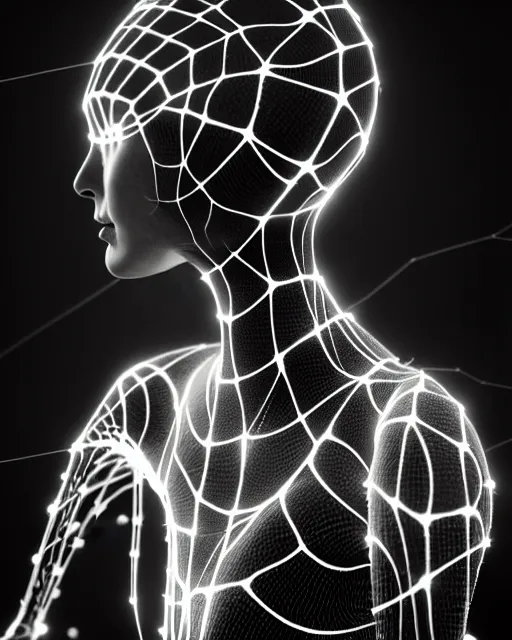 Prompt: black and white cyborg-plant goddess high quality portrait, artificial intelligence, bio-mechanical bio-luminescence, artificial spider web, neurons, nerve cells, octane render, cinematic, hyper realism, high detail, 8k, in the style of Steven Meisel and Dora Maar and H.G. Giger