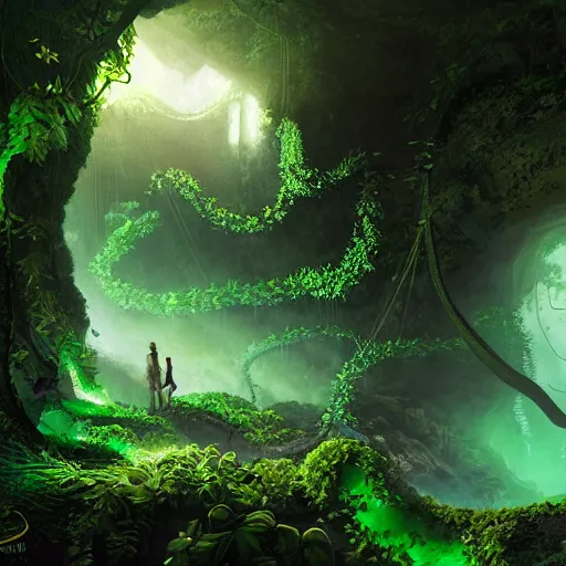 Image similar to looking into lush cave with glowing emeralds and vines hanging from the ceiling, sharp focus, cinematic light, artgerm, cgsociety, highly detailed